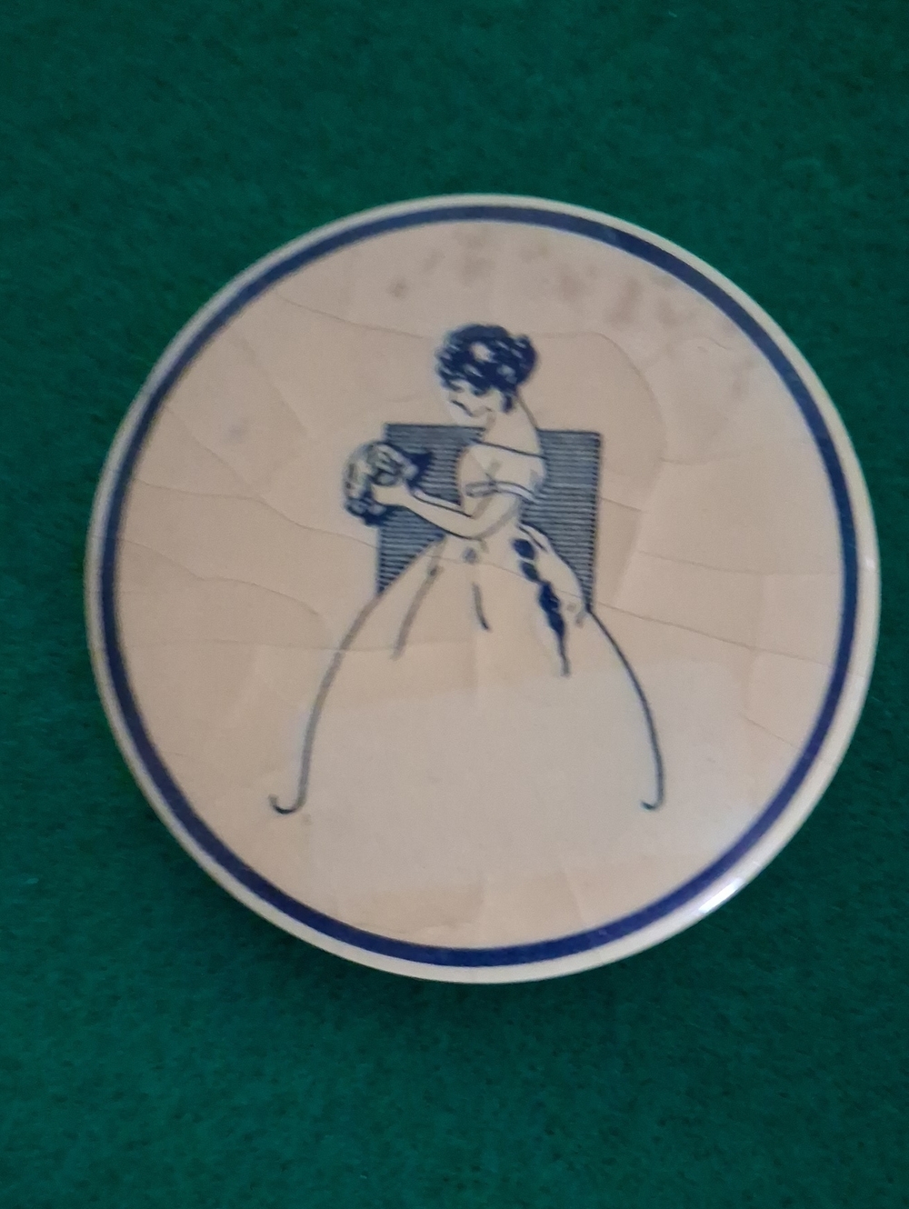 Cream and Blue Velvet Jewelry Drawstring Pouch with Vintage Lady Motif